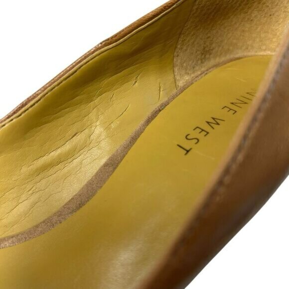 Nine West Stacked Wedge Heel Leather Pumps Camel Tan Gold Tone Hardware Size 6M - Picture 14 of 15